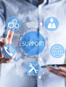 business man holding tablet with support icon